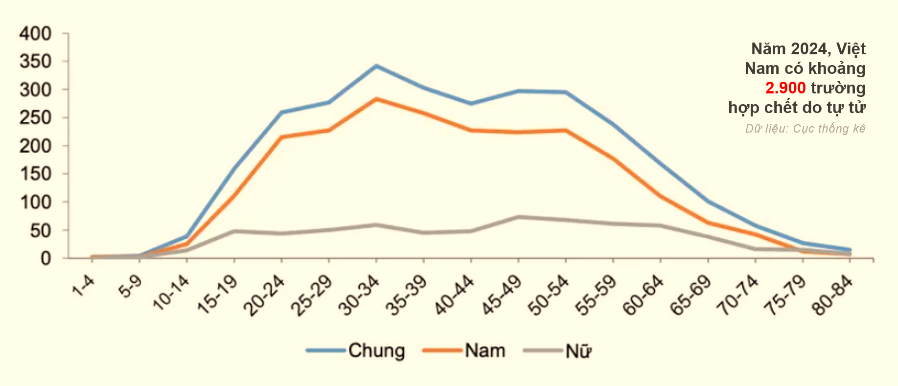 Số ca tự tử được ghi nhận ở Việt Nam năm 2024 phân theo giới tính và lứa tuổi. Nguồn: Cục thống kê Số ca tự tử được ghi nhận ở Việt Nam năm 2024 phân theo giới tính và lứa tuổi. Nguồn: Cục thống kê